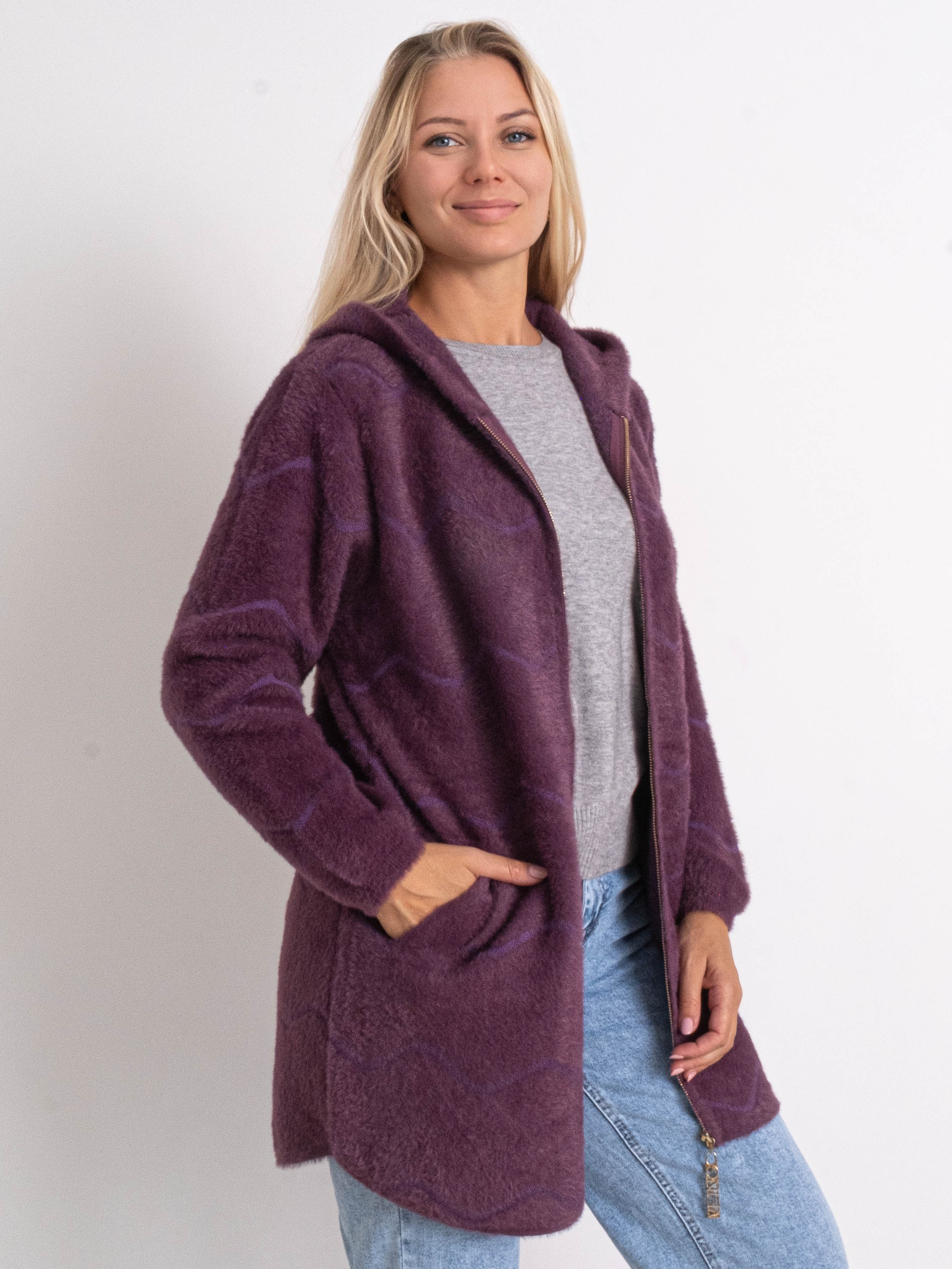 Кардиган із вовни альпаки з капюшоном на змійці #773 колір Фіолетовий Кардиган із вовни альпаки з капюшоном на змійці #773 колір Фіолетовий