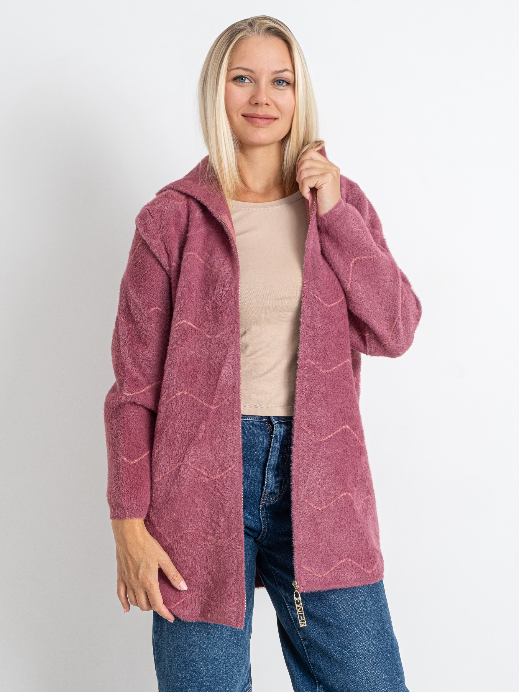 Кардиган із вовни альпаки з капюшоном на змійці #773 колір Малиновий Кардиган із вовни альпаки з капюшоном на змійці #773 колір Малиновий