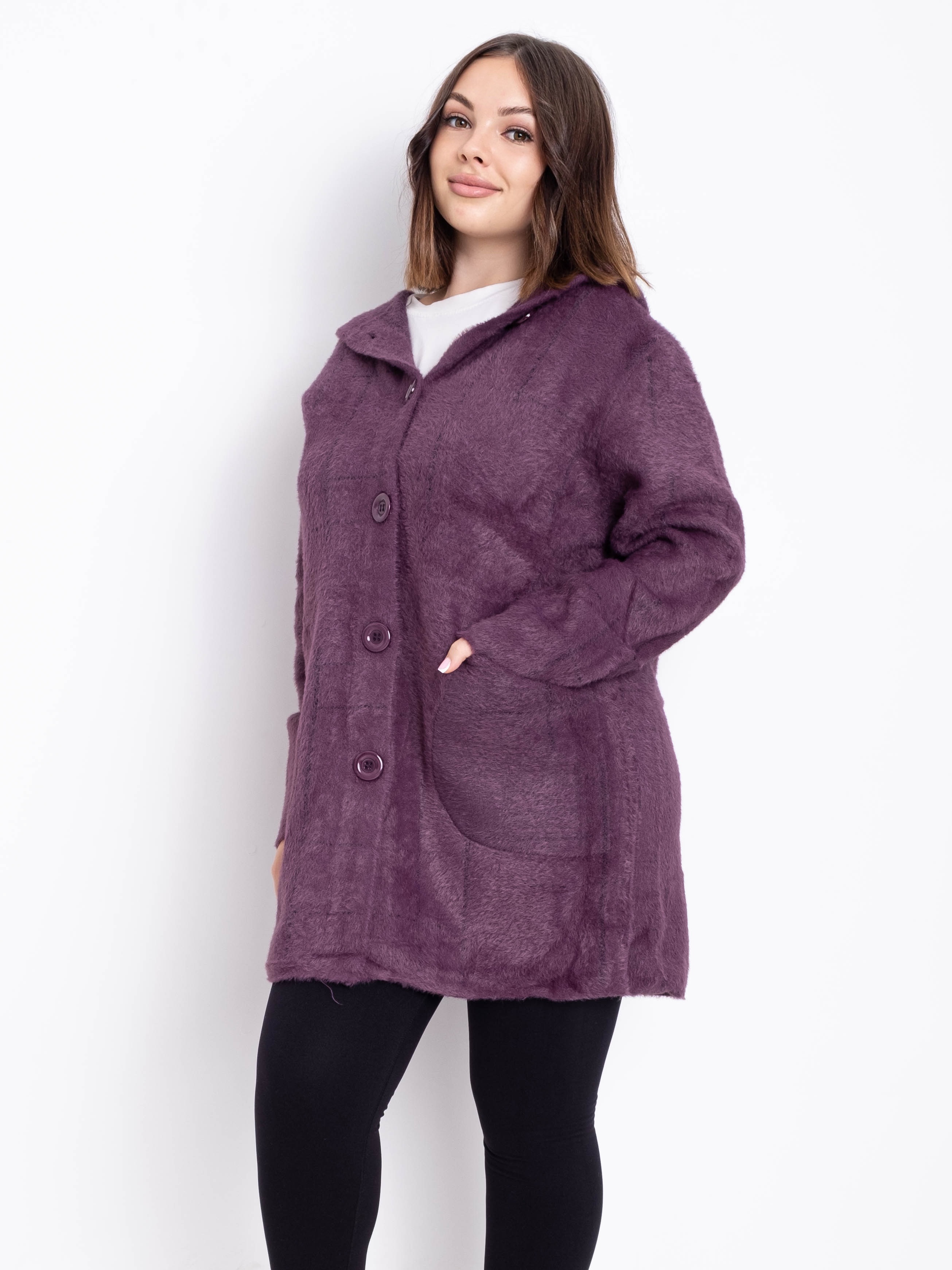 Кардиган із вовни альпаки з капюшоном на гудзиках #777 колір Фіолетовий Кардиган із вовни альпаки з капюшоном на гудзиках #777 колір Фіолетовий