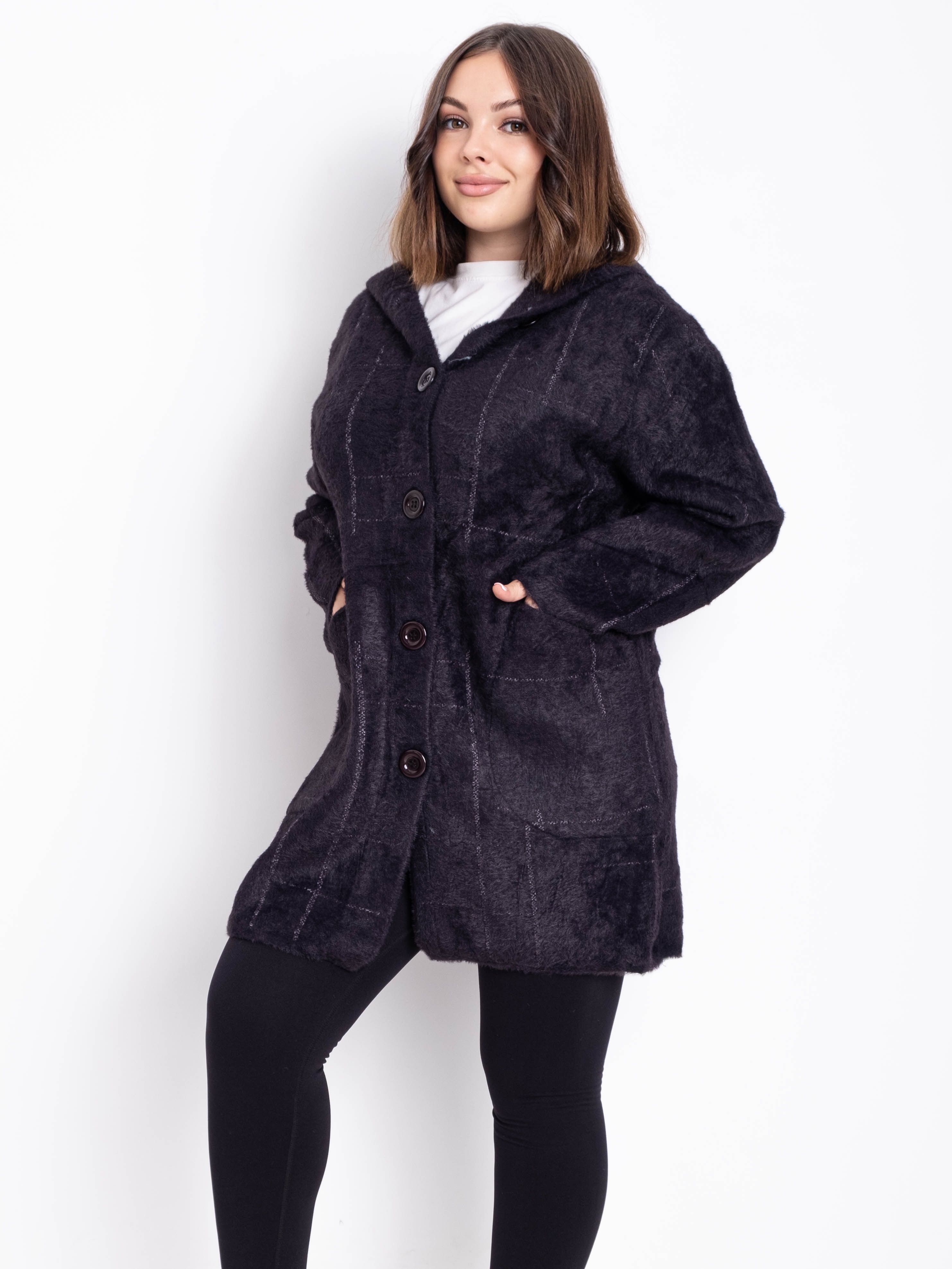 Кардиган із вовни альпаки з капюшоном на гудзиках #777 колір Темно-фіолетовий Кардиган із вовни альпаки з капюшоном на гудзиках #777 колір Темно-фіолетовий