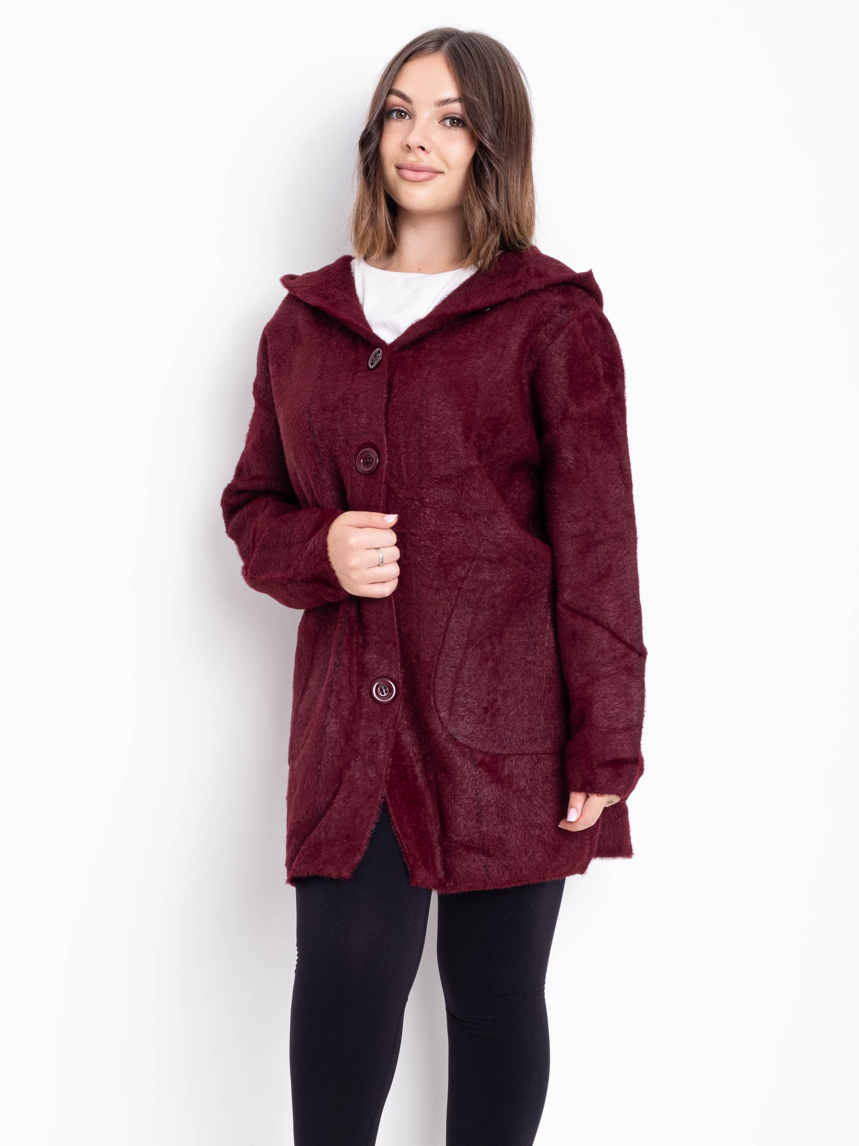 Кардиган із вовни альпаки з капюшоном на гудзиках #777 колір Бордовий Кардиган із вовни альпаки з капюшоном на гудзиках #777 колір Бордовий